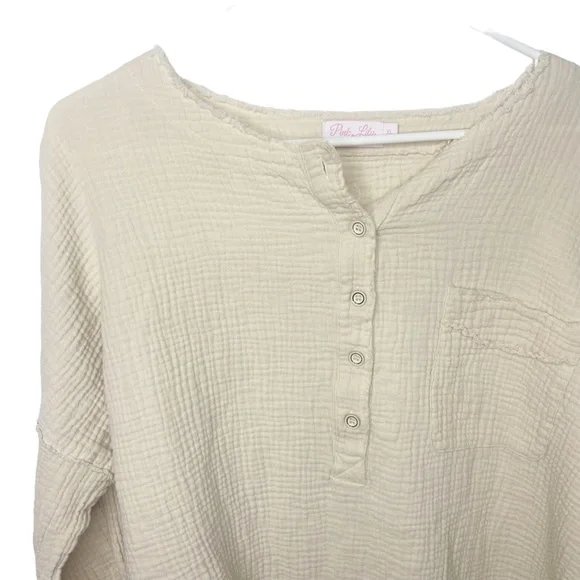 Pink Lily knit waffle knit gauzy shirt tan cream size XL k - Picture 4 of 6